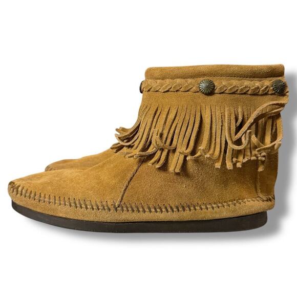 Minnetonka Moccasins Womens Tan Brown Suede Western Ankle Fringe Zip Back Size 9 - Picture 3 of 11